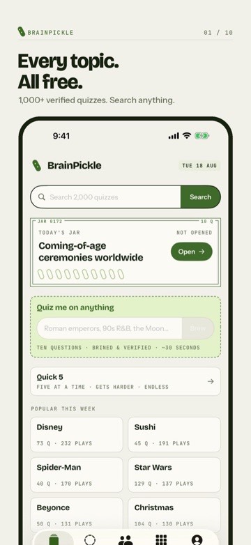 BrainPickle app: every topic, all free — search 2,000+ verified quizzes