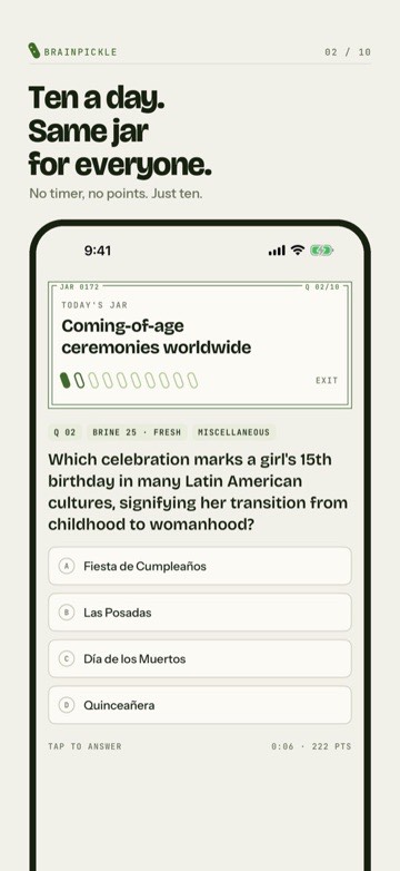 BrainPickle app: today's daily challenge, ten questions, same for everyone