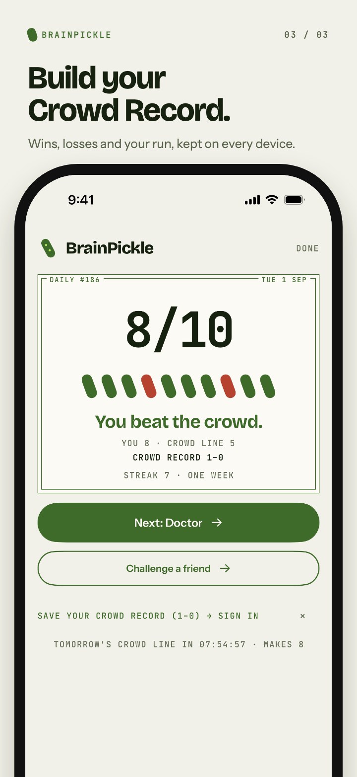 BrainPickle app: a daily result that beat the crowd, with the Crowd Record