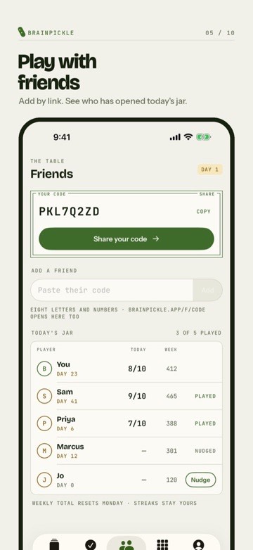 BrainPickle app: friends list showing who has played today's jar